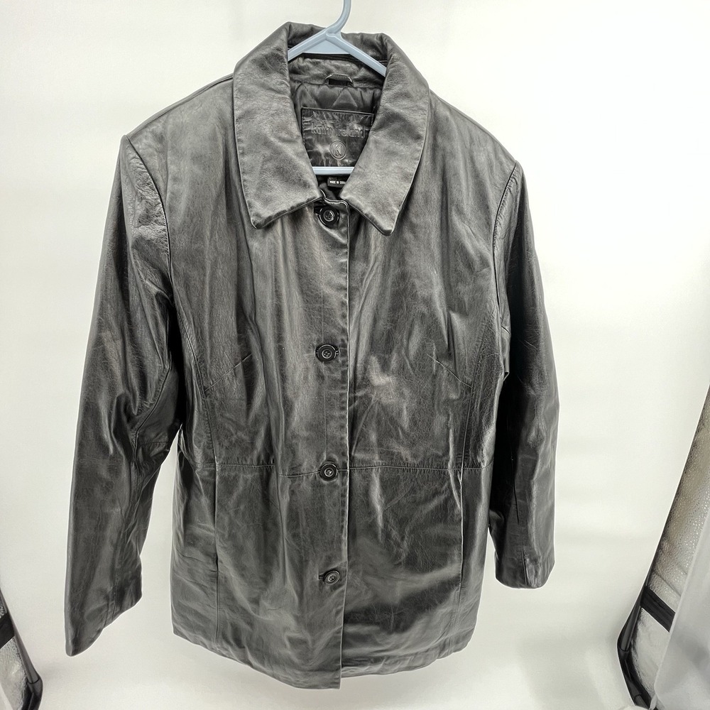 Kathy Ireland Womens Black Genuine Leather Button Front Blazer‎ Jacket Large